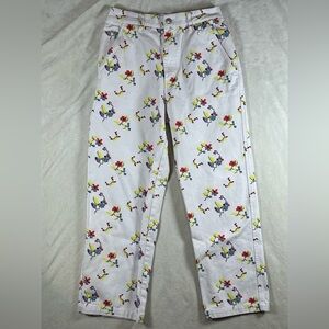 Obey Women’s Size 27 White Carpenter Cotton Pants with 8-Bit Floral Print Bug